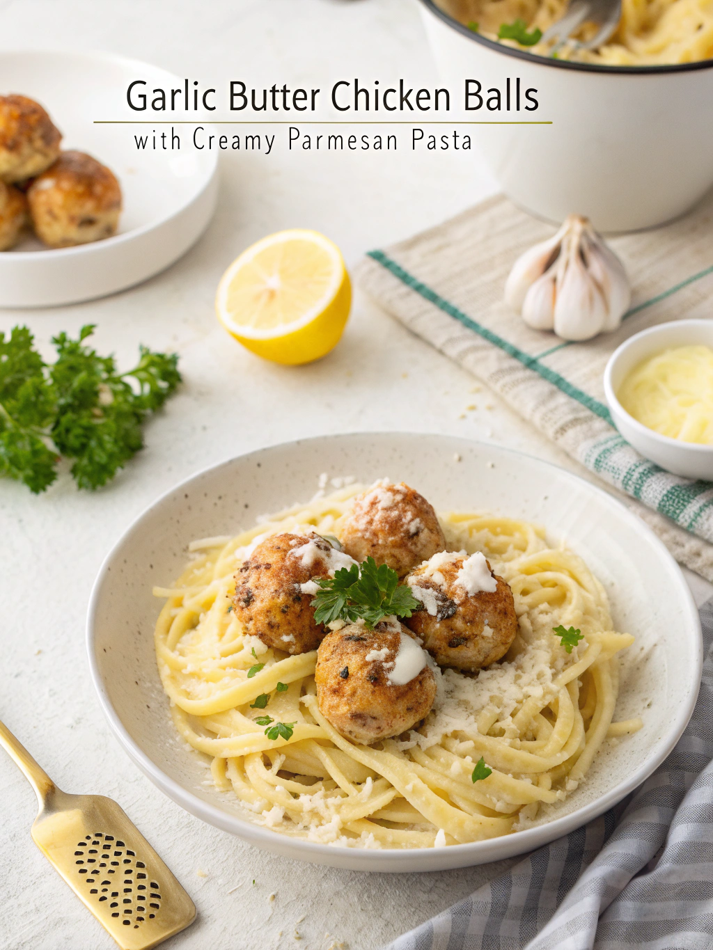 garlic butter chicken balls with creamy parmesan pasta
